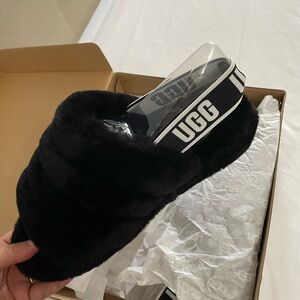 UGG Black Fluffy Slippers